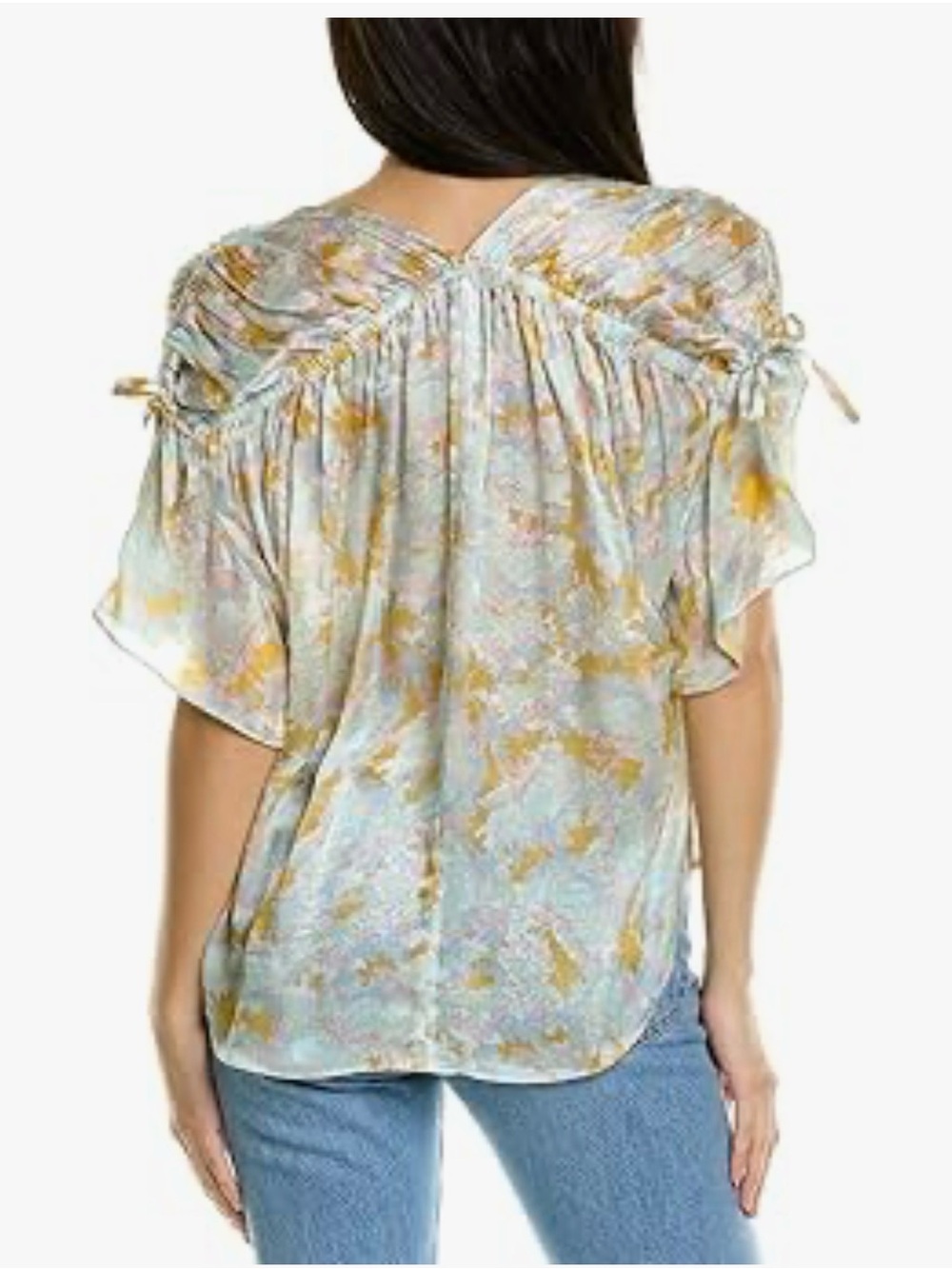 Vince Daw Floral Tie-Sleeve Flutter Top in Pale Blue and Gold